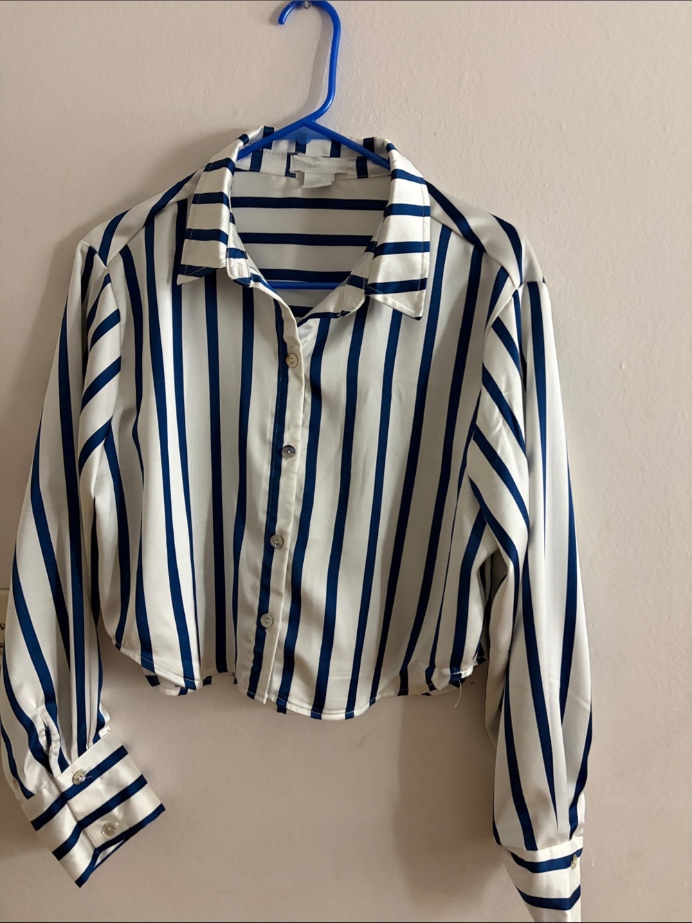 Cropped Vertical Stripe Button-Up Blouse - Blue & White
